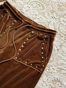 Easelle 复古游牧短款天鹅绒铆钉毛皮饰边帽子，舒适性感个性化女士套装 - 棕色 - 查看 6