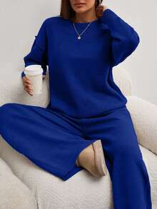 EURMUSE Women Round Neck Rib Knitted Sweater And Sweater Pant 2pcs Sets Co-Ord - Royal Blue - View 6