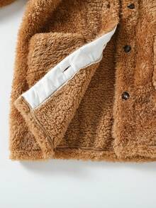 SHEIN Tween Girls Casual Basic Fuzzy V-Neck Drop Shoulder Mid-Length Cardigan, Autumn/Winter - Coffee Brown - View 7