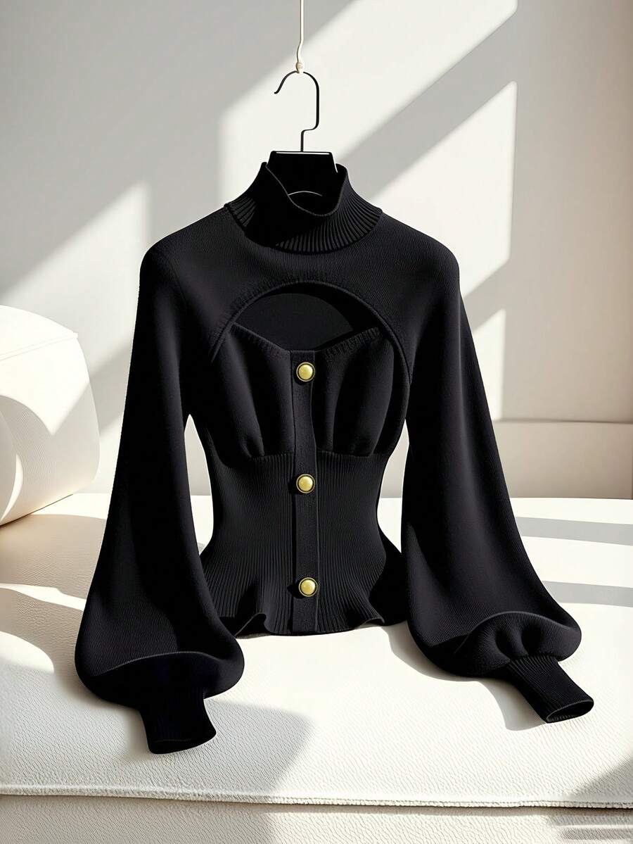 GlowEve 女士修身针织毛衣，百搭优雅，秋冬 - 黑色 - 查看 1