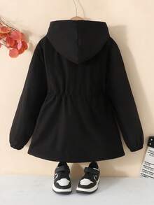 SHEIN 少女休闲时尚雪花绒连帽拉链束腰口袋长袖保暖加厚派克大衣，女童黑色派克大衣秋冬女装 - 黑色 - 查看 4