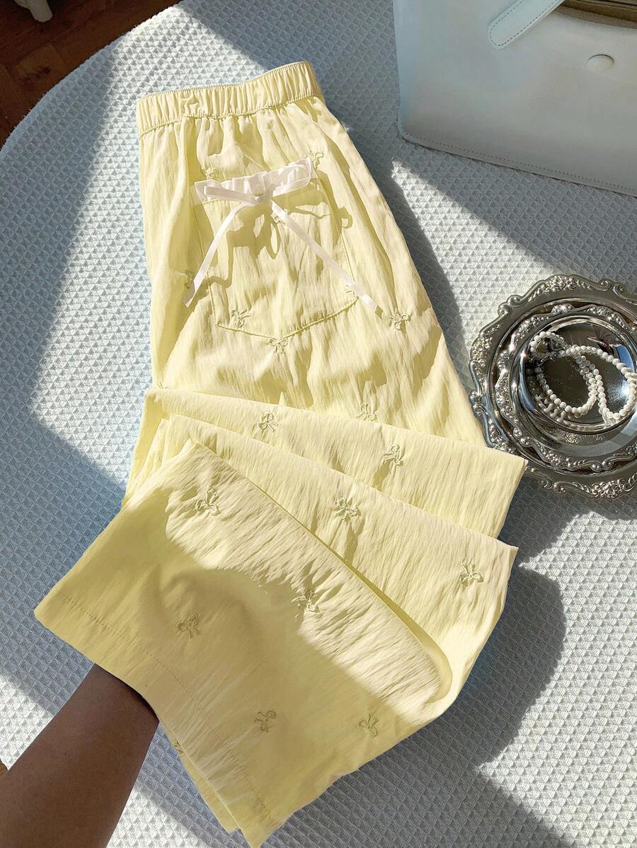 Comfortcana 黄色刺绣梭织女式宽松运动裤，带蝴蝶结装饰 - 黃色 - 查看 1