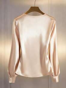 Franclia Women's Elegant Twill Fabric Crossover V-Neck Long Sleeve Shirt - Apricot - View 2