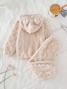 少女提花羊毛连帽长袖上衣和裤子睡衣套装，象牙色 - 杏色 - 查看 2