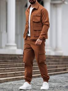 Manfinity Homme Men 2pcs Minimalist Style Long Sleeve Top & Pants Set, Casual Everyday Outfit, Fall Clothes, Cozy Outfits - Brown - View 5