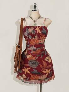 SHEIN ICON 大码女式暑假和返校服装，复古枫叶印花荷叶边连衣裙，适合夏季 - 酒紅色 - 查看 1