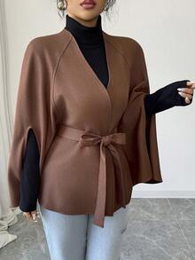 Elenzga Women's Autumn/Winter Casual, Date, Party, Cocktail, Wedding Elegant French Style Loose Woven Twill Brushed Shawl Collar Belted Long Sleeve Regular Jacket, Brown - Brown - View 4