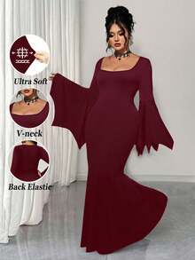 EMERY ROSE Váy phù thủy phong cách Gothic cỡ lớn cho nữ, áo choàng cổ tròn tay cánh dơi cổ điển, áo choàng dài co giãn đuôi tiên cá Halloween mới - Màu đỏ tím - Xem 1