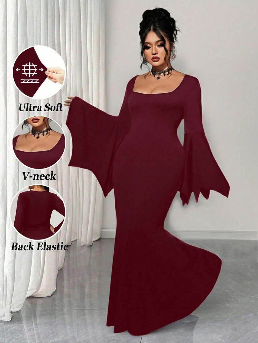 EMERY ROSE Váy phù thủy phong cách Gothic cỡ lớn cho nữ, áo choàng cổ tròn tay cánh dơi cổ điển, áo choàng dài co giãn đuôi tiên cá Halloween mới - Màu đỏ tím - Xem 1