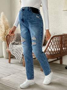 SHEIN Maternity Blue Distressed High Waist Casual Versatile Jeans - Light Wash - View 5