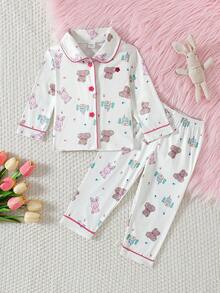 SHEIN 2 件套女婴睡衣，杏色可爱兔子和熊印花长袖上衣和休闲裤，女婴家居服 - 杏色 - 查看 5