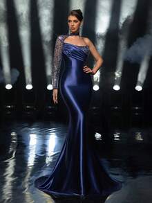 Glamrae Elegante y glamoroso vestido de noche formal para mujer con cuello mao, mangas asimétricas, plisado y dobladillo de cola de pez, confeccionado en satén elástico con bordados y lentejuelas - Azul - Ver 3