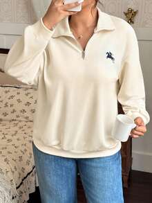 Vionelle 大码女式纯色马刺绣拉链宽松休闲运动衫