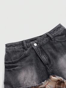 ROMWE Grunge Punk 浪漫朋克学院风牛仔拼布格子不对称下摆女式牛仔迷你裙 - 棕色 - 查看 3