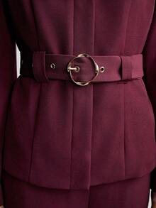 SHEIN Luminelle 秋冬无领西装套装，垫肩西装外套，配不对称纽扣金属腰带；喇叭裤，配松紧腰带 - 紅色 - 查看 3