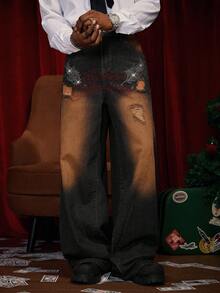 PAVTROS Vintage Washed High-End Wing & Letter Crystal Embellished Jeans, Unisex Gothic Jeans, For Christmas - Blue - View 3