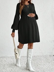 SHEIN 孕妇纯色简约休闲长袖毛衣裙 - 黑色 - 查看 3