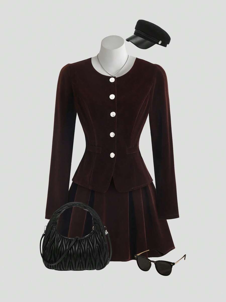 Sweetra 女士新款春秋休闲通勤装棕色天鹅绒套装，腰部收紧金色纽扣长袖圆领上衣夹克 A 字褶皱短裙两件套 - 棕色 - 查看 1