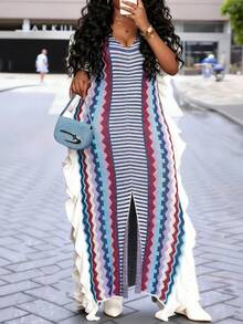 Slaydiva 2025 春秋新品优雅派对、优雅约会、休闲郊游、音乐节、街头风格、游牧风、复古宽松多色条纹侧褶高开衩女式大码针织长裙 - A