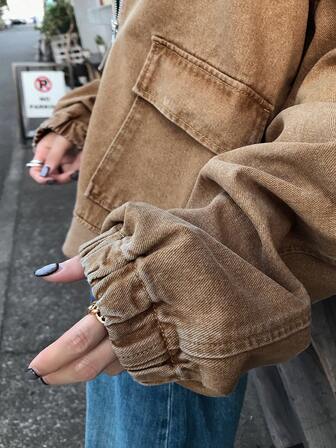 FRIFUL Women's Solid Color Drop Shoulder Long Sleeve Zip-Up Short Denim Jacket, Fashionable & Versatile Loose Fit