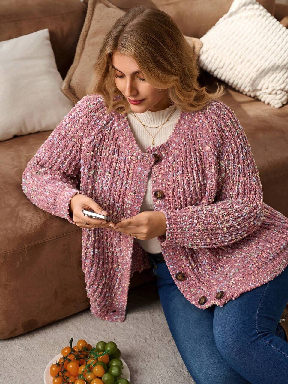 Plus Size Round Neck Long Sleeve Raglan Sleeve Button Front Casual Cardigan, Christmas New Year Stylish Pink Knitted Cardigan, Winter Crochet Cardigan