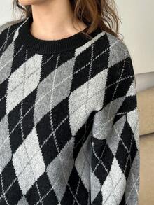 Modelyn Suéter holgado de punto con patrón de diamantes, efecto estilizante, talla grande, estilo casual, otoño/invierno - Gris - Ver 7