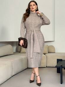 Modelyn Plus Size Women's High Neck Long Sleeve Casual Knit Sweater Dress - Khaki - View 4