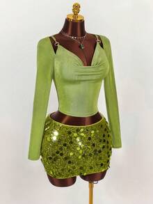 Y2K Amplova Christmas New Year Thanksgiving Sequins Party Vintage Wild Plunging Neckline Sexy Design Long Sleeve Top Fairycore Mermaid Green - Green - View 1