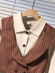 SHEIN 2 件套青少年女孩套装，翻领无袖夹克背心 + 翻领长袖开衫衬衫连衣裙，秋季休闲通勤连衣裙 - 杏色 - 查看 3