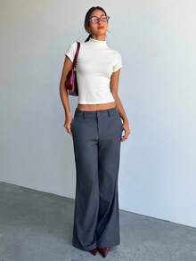 Aloruh 女士秋冬短袖高领修身薄款抓绒针织毛衣 - 白色 - 查看 6