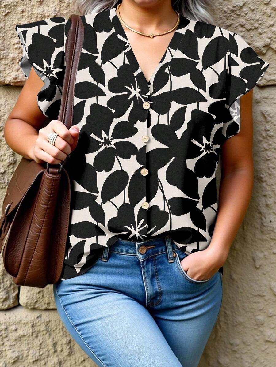 EMERY ROSE 大码女式休闲优雅白色和黑色花卉印花纽扣前褶袖衬衫，适合夏季女式花卉衬衫女式夏季上衣花卉印花上衣 V 领衬衫
