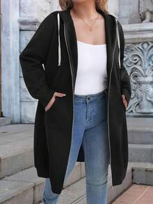 EMERY ROSE Sudadera con cremallera de unicolor de talla grande para mujer, sudadera casual con bolsillo para mujer en primavera/otoño, sudadera con cremallera de manga larga y corte holgado, sudadera con cremallera negra regular - Negro - Ver 4