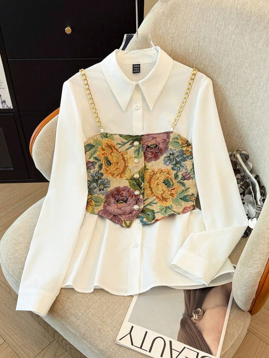 GlowEve 女士优雅提花花卉金属链吊带背心上衣和背心两件套，秋冬 - 白色 - 查看 1