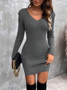 EMERY ROSE Women's Casual V-Neck Long Sleeve Fitted Knit Sweater Dress, Autumn/Winter - Grey - View 3