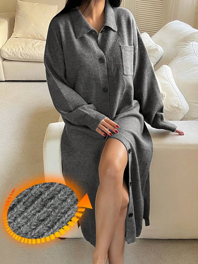 Women's Loose Knit Long Nightgown, Simple Design For Winter, Moo Moo Night Dress
