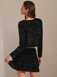 Enchnt Jachetă romantică de damă, neagră, cu paiete strălucitoare, cu funde decorative, mânecă lungă, șic/elegantă/la modă, pentru petrecere/întâlniri/sărbători/absolvire/ieșiri în oraș/Halloween/Crăciun/toamnă/Anul Nou - Negru - Vizualizare 7