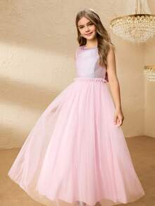 Girls' Princess Long Dress, Metallic Mesh Tulle Party Gown - Pink - View 3