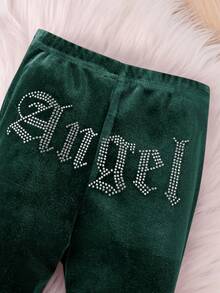 SHEIN Baby Girl 2Pcs Dark Green Velvet Hoodie & Flare Winter Pants Outfits, Letter Pattern Sweatpants Set,Y2k Fashionable Cute Casual Autumn Outfits - Green - View 4
