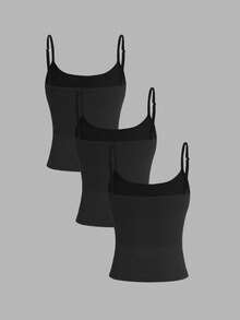 SHEIN EZwear 3 件套黑色短款吊带背心，性感紧身，适合夏季 - 黑色 - 查看 2