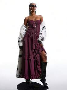 LYSMO 2025 Mới Đến Phong Cách Tối Giản Mùa Đông Màu Trơn Trang Trí Kim Sa Đầm Không Dây Cho Nữ Đầm Maxi Tím Đầm Maxi Xếp Ly Đầm Maxi Dài Đầm Maxi Boho Đầm Dài Đi Nghỉ Cho Nữ Đầm Maxi Không Dây Đầm Maxi Cho Nữ - Màu Đỏ Sâu - Xem 5