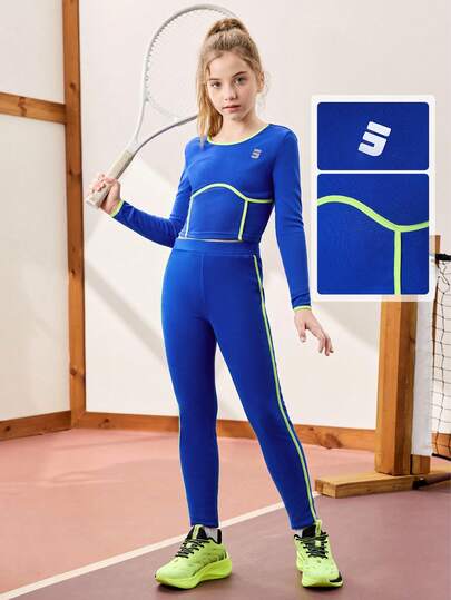 JNSQ Tween Girl Outfit Sets, Children's Autumn/Winter Sportswear, Girls Slim-Fit Color Block Long Sleeve T-Shirt Top And Slim-Fit Yoga Pants 2-Piece Set, Suitable For Autumn/Winter Daily Wear, Outdoor Activities, Vacation, Streetwear, Party And Casual
