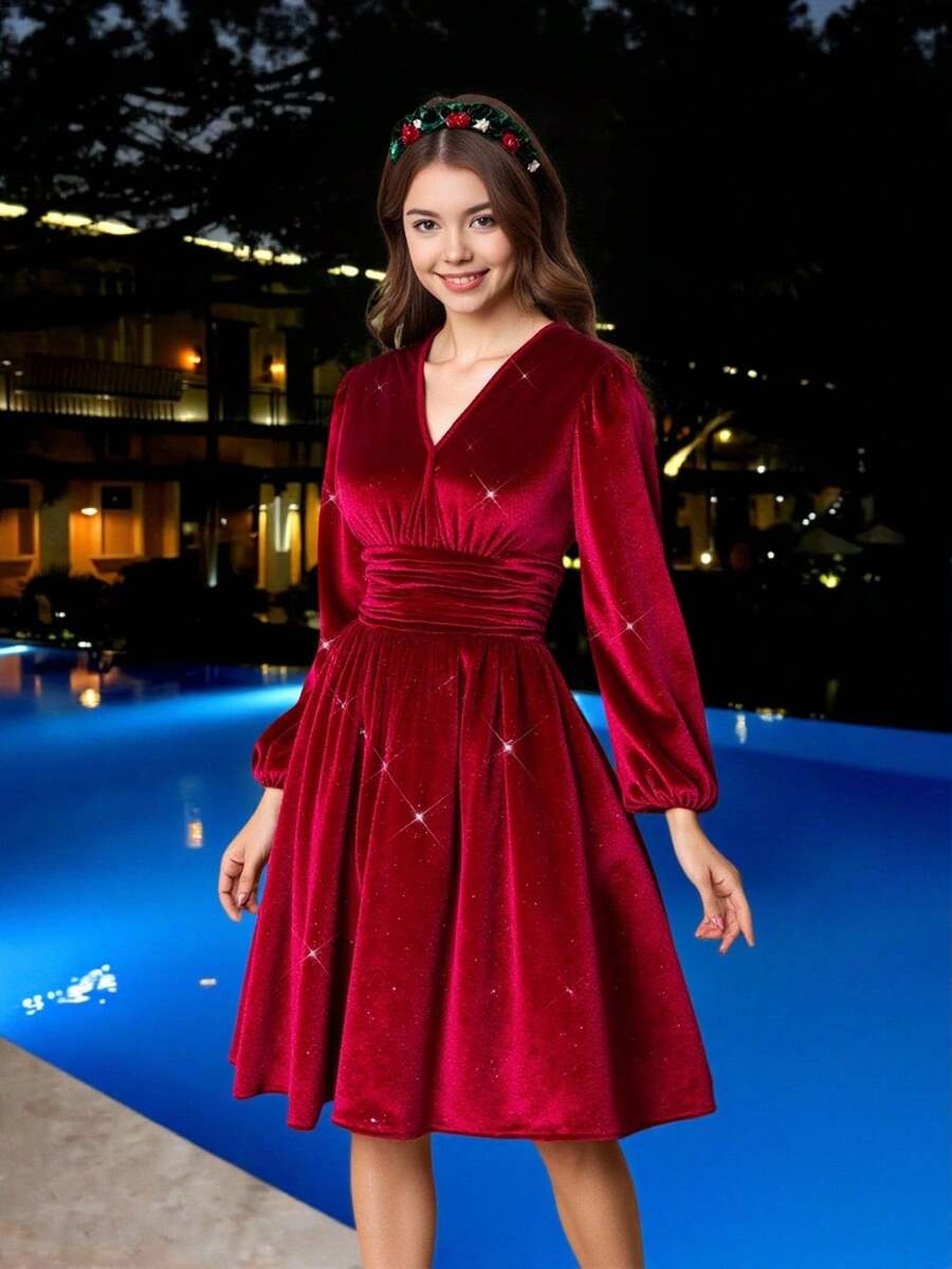 Teen Girl Glossy French Elegant V-Neck Waist Cinched Dress, Suitable For Dates, Outings, And Parties, Spring/Autumn