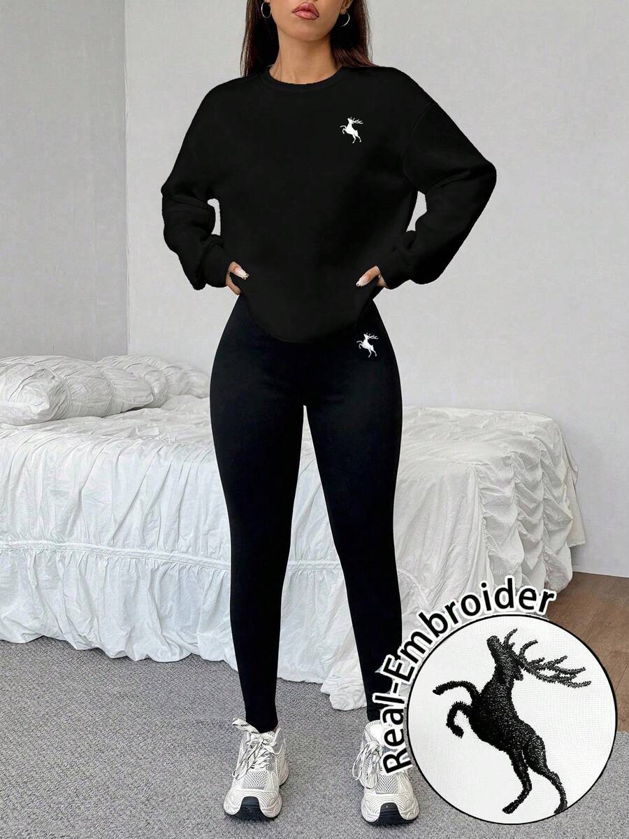 SHEIN EZwear 2 件鹿图案休闲宽松圆领运动衫和紧身打底裤套装,适合秋冬季 - 黑色 - 查看 1