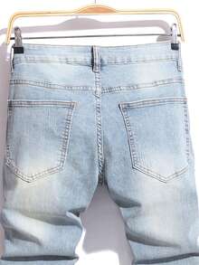 Manfinity Homme 男士休闲破洞修身牛仔裤 - 淺色水洗藍 - 查看 4