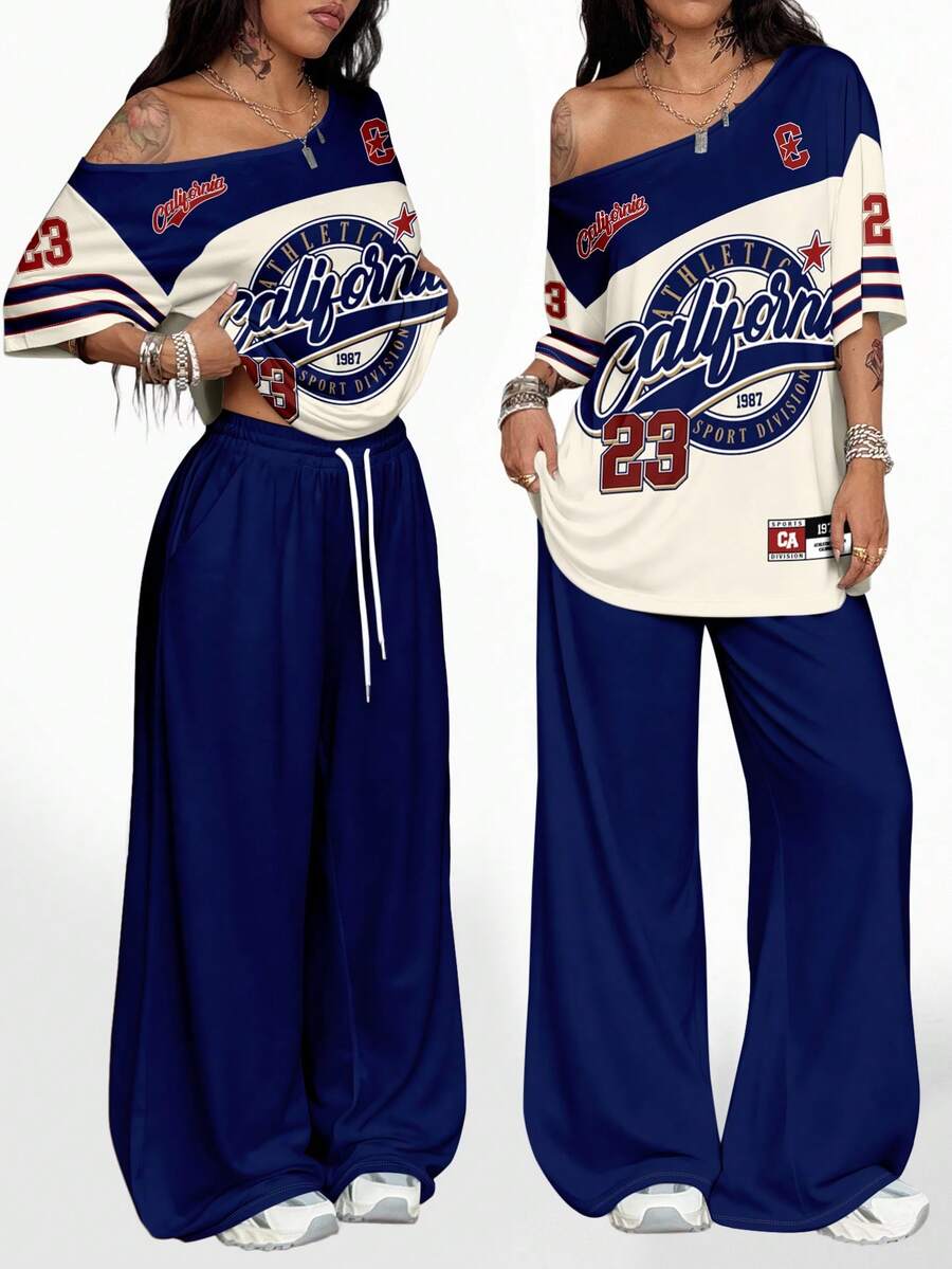 Coolane 2pcs/Set Vintage Sporty Letter & Number 23 Colorblock Print Cropped Shoulder Tee And Sweatpants, Suitable For Autumn/Winter, Versatile Vintage, Sexy, Cute Y2K, Coconut Girl, Boho, Hippie Style, Music Festival - Multicolor - View 1