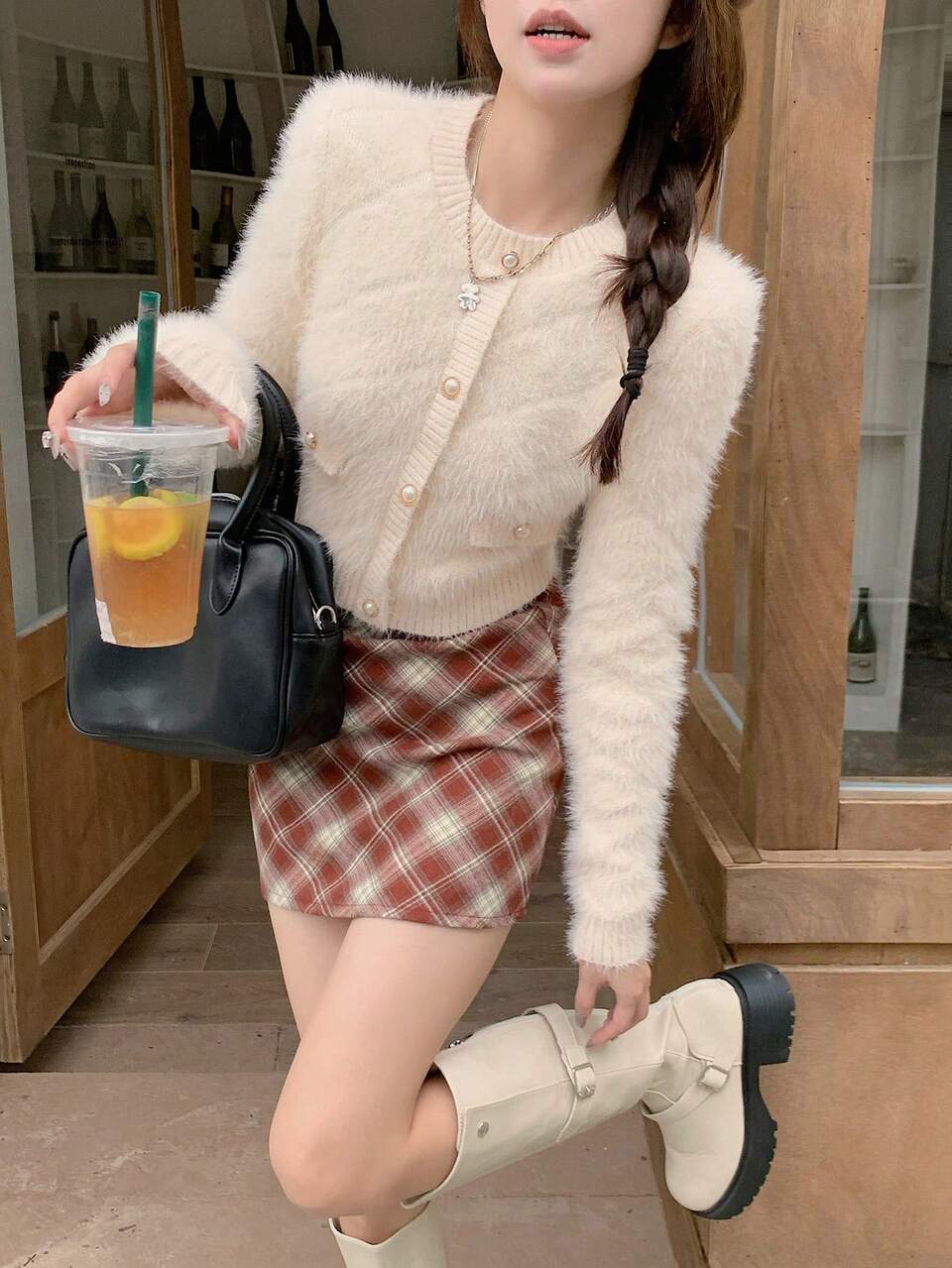 Women's Solid Color Crew Neck Long Sleeve Cropped Fuzzy Sweater, Autumn/Winter,Long Sleeve Tops,Fall Women Clothes