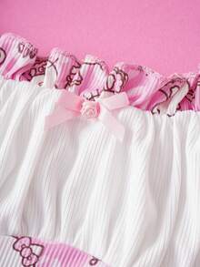 HELLO KITTY AND FRIENDS | SHEIN Women's Sweet Cat Print Contrast Lace Frill Trim Dress - Baby Pink - View 7