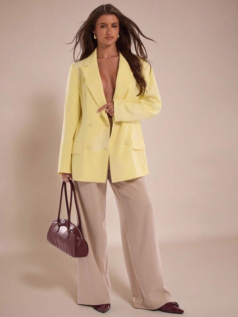 SHEIN BAE 女士优雅花卉刺绣双排扣西装外套，适合通勤 - 黃色 - 查看 1