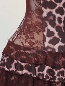 SHEIN ICON Women Brown Leopard Print Bustier Crop Top & Layered Lace Ruffle Mini Dress,Elegant Dresses For Party