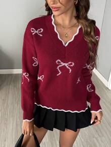 Easowa Women's V-Neck Drop Shoulder Long Sleeve Casual Bowknot Pattern Jacquard Knit Pullover Sweater,Burgundy,Autumn,School,Back-To-School Ugly Christmas - Multicolor - View 3